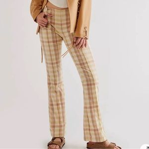 Free People The Way You Move Flare Pants Natural Plaid Linen Sz 0 Hippie Gypsy